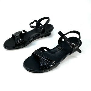 SAS Strippy Strappy Black Patent Leather Low Wedge Sandal Shoes Women's 8.5